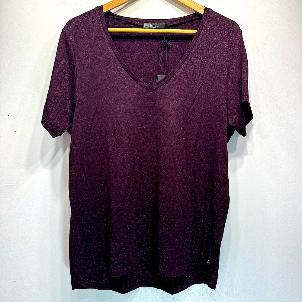 Deeluxe Deep Burgundy Wine V Neck Glowy Sparkle T Shirt Women’s Size XL